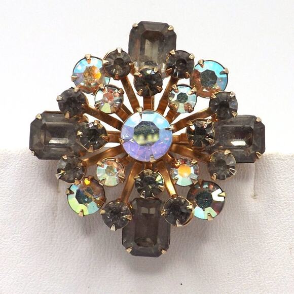 Vintage Topaz Aurora Borealis Rhinestone Brooch, Mid Century, Riveted Pin 1 1/2" - Picture 7 of 9